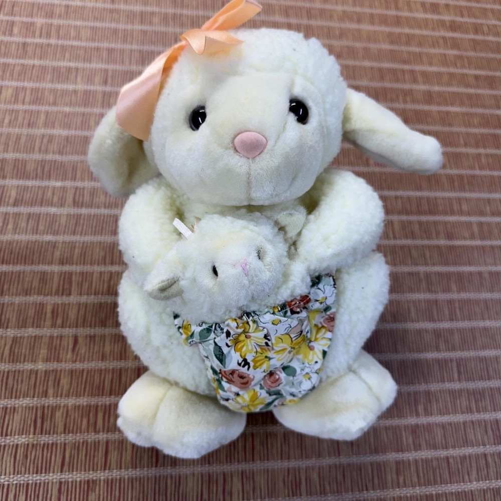 Vtg Chosun Lamb Plush Stuffed Animal Mom‎ & Baby Floral Pouch Sheep Pretend Play